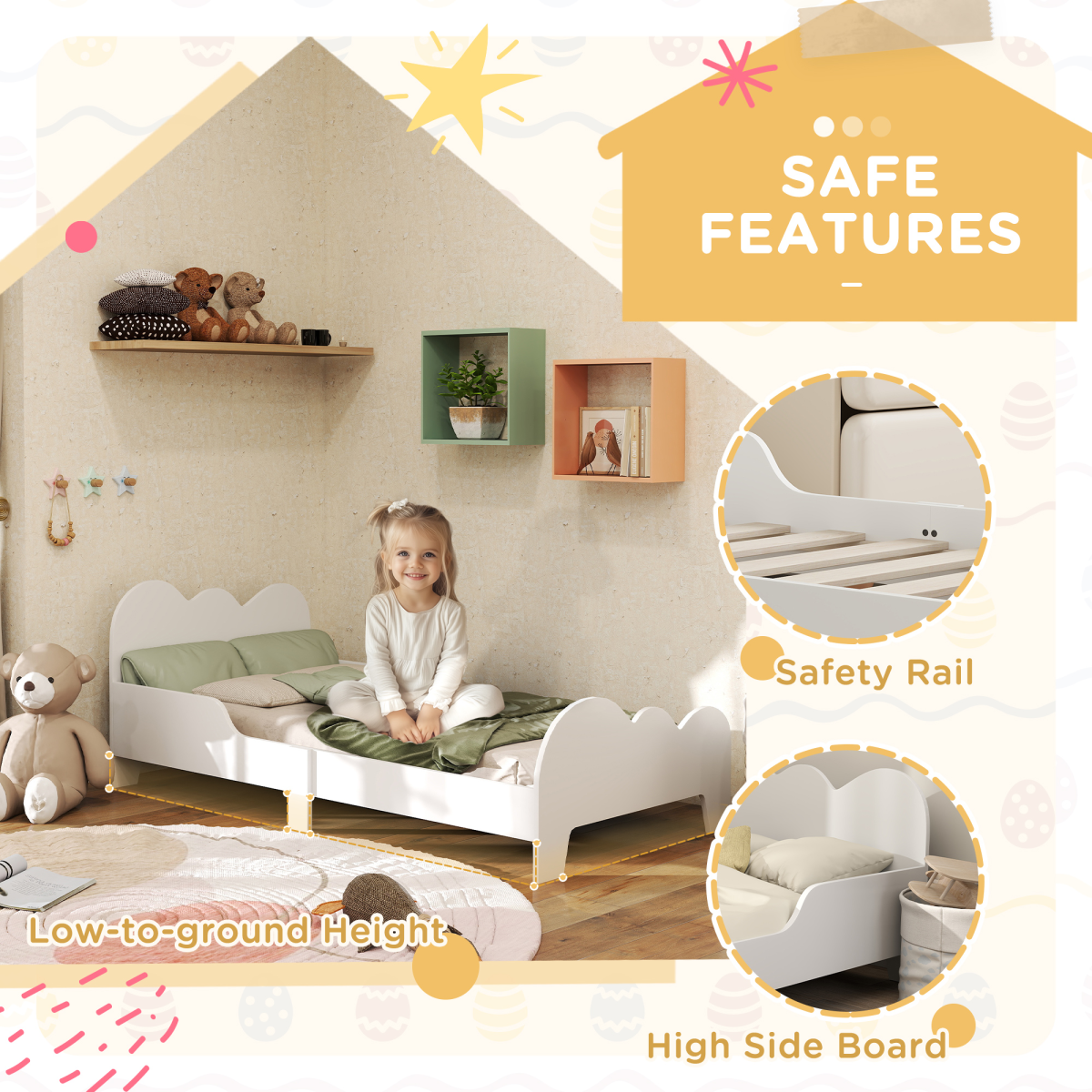 AIYAPLAY Cloud Toddler Bed with Safety Rails, White