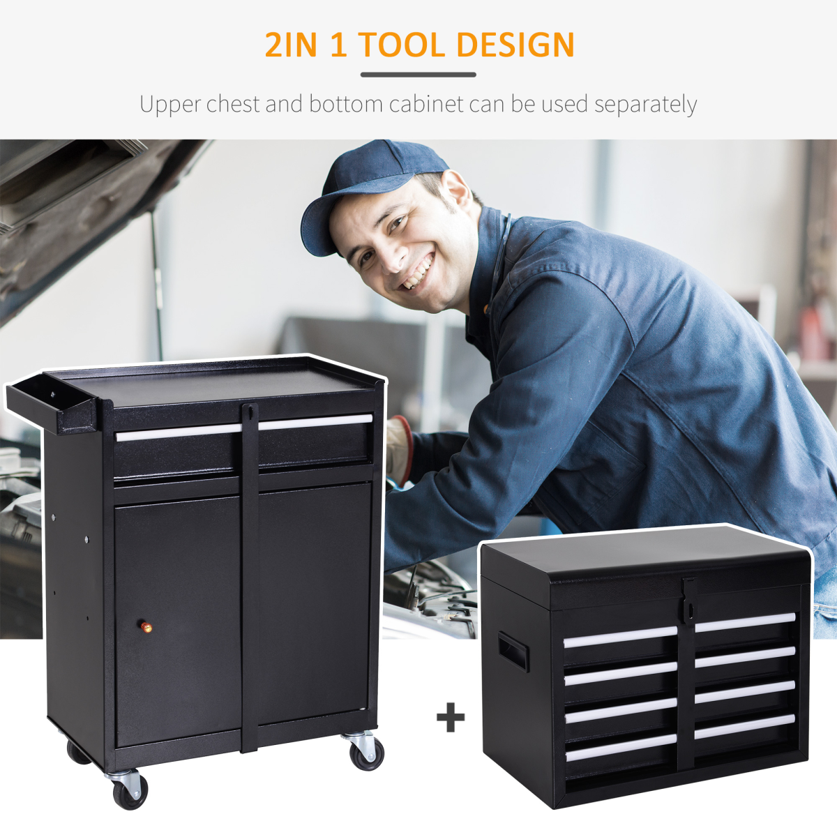 DURHAND Steel Rolling Tool Cabinet with 4 Drawers, Duo-Door Tool Chest on Wheels, Black
