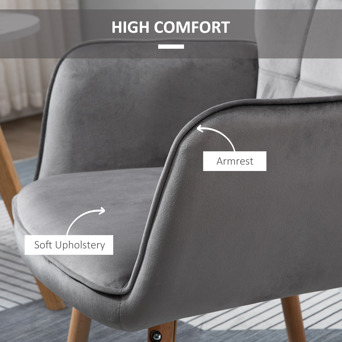 HOMCOM Modern Grey Velvet-Touch Tufted Wingback Accent Chair with Wooden Legs