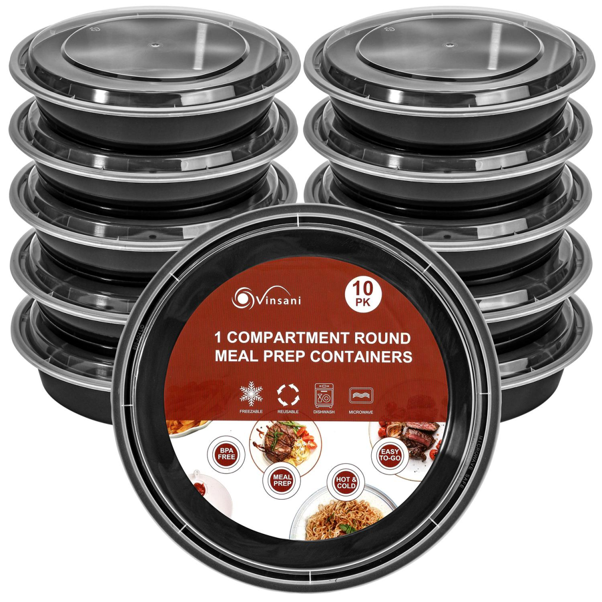 Vinsani 20 Pack Round 1 Compartment Meal Prep Containers with Airtight Leak-Resistant Lids, Stackable BPA-Free Plastic