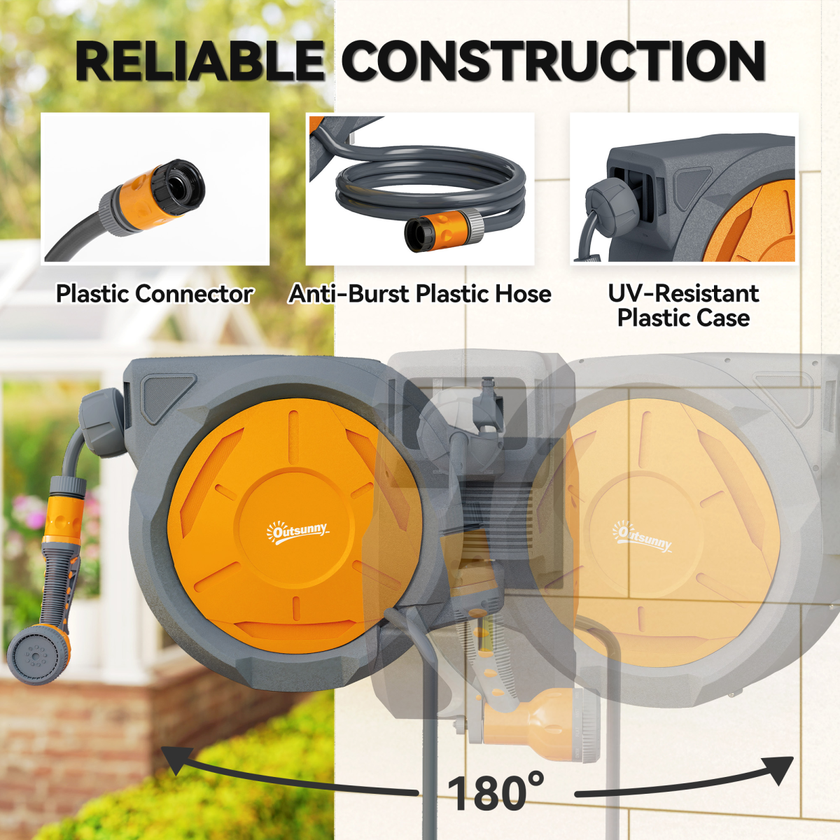 Outsunny 30m Retractable Wall Mounted Hose Reel with Lock, Orange