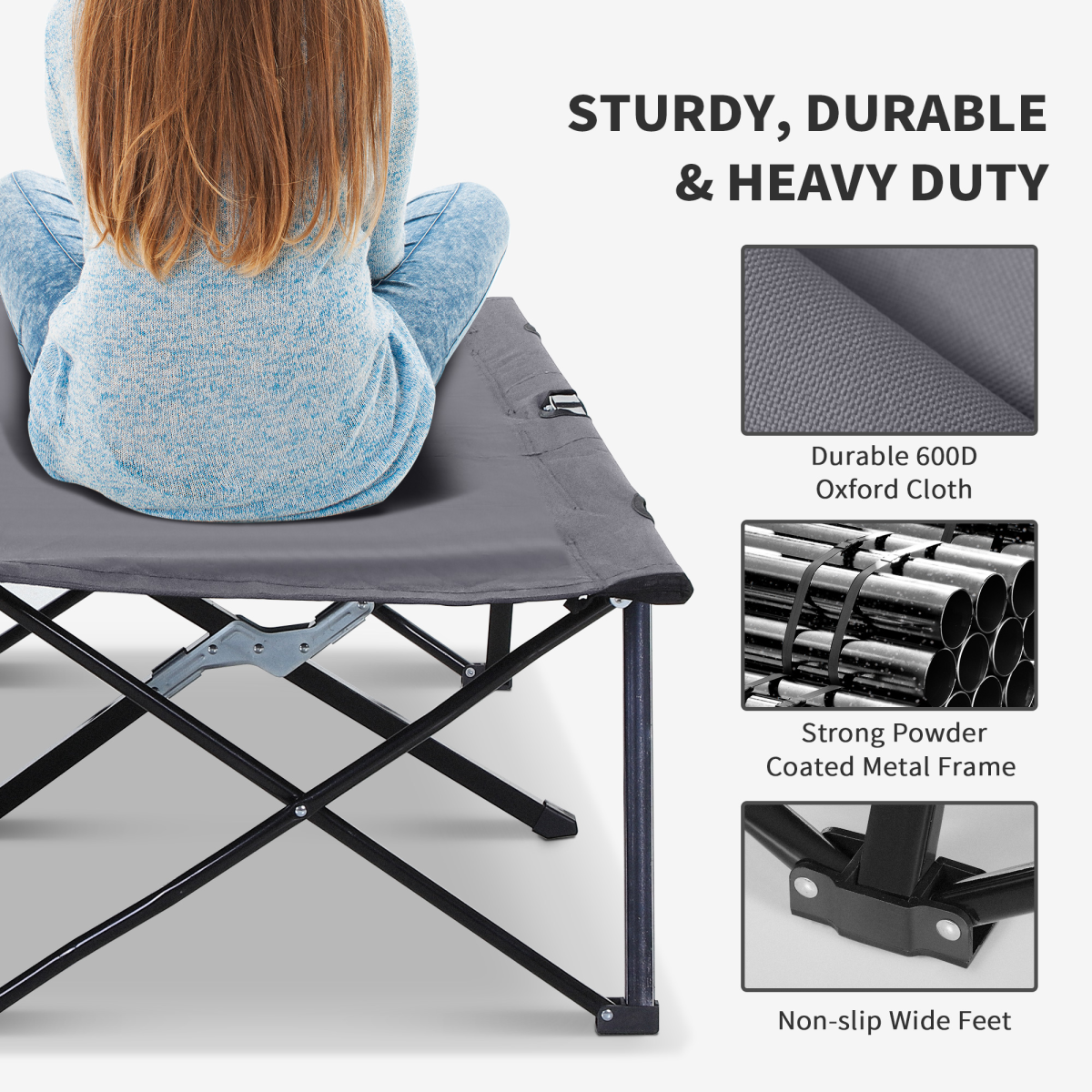 Outsunny Double Camping Folding Cot, Portable Outdoor Folding Sunbed with Carry Bag, Grey