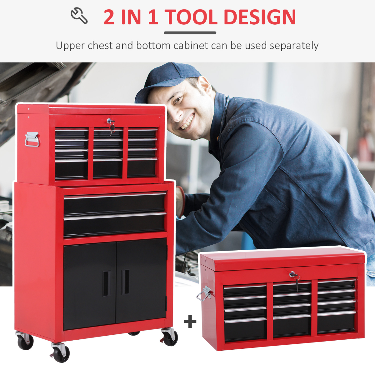 Portable Tool Chest and Roll Cab Combo with 6 Drawers, Lockable Top Chest, 360° Swivel Ball Bearing Runners, Metal Garage Storage Cabinet