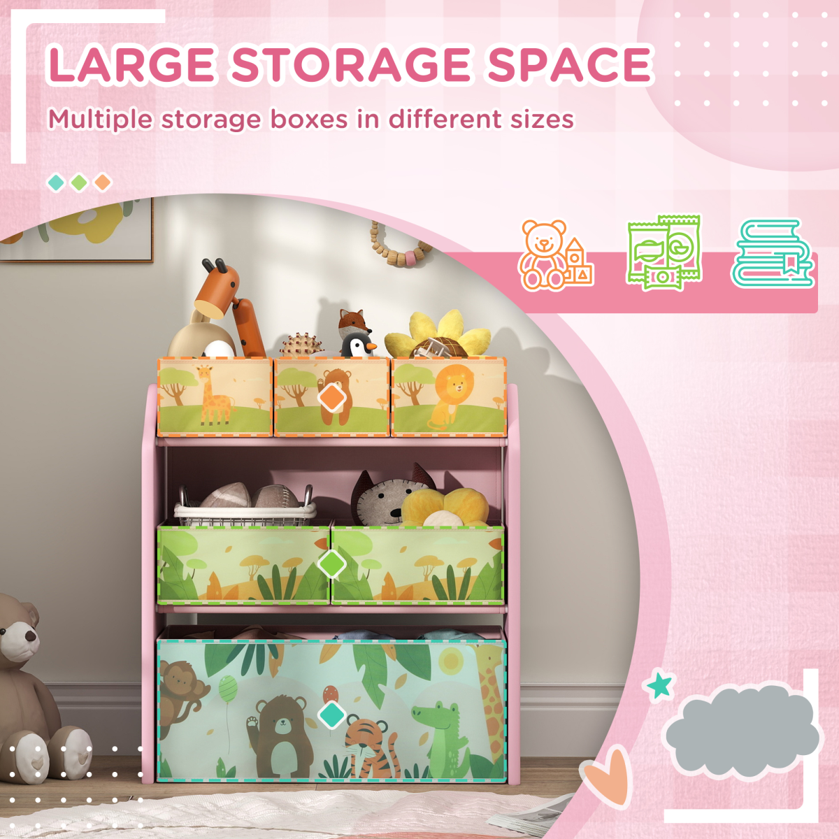 AIYAPLAY Kids 3-Tier Toy Storage Unit with 6 Removable Boxes, Pink
