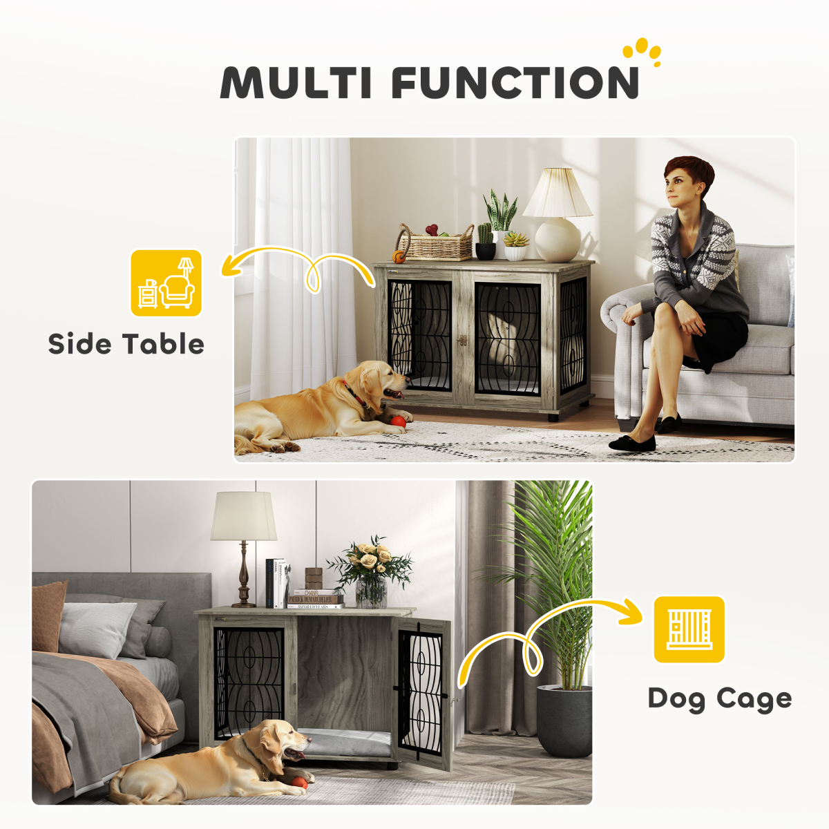 PawHut Dog Crate End Table for Large Dogs, Grey Wood-Effect Cushion