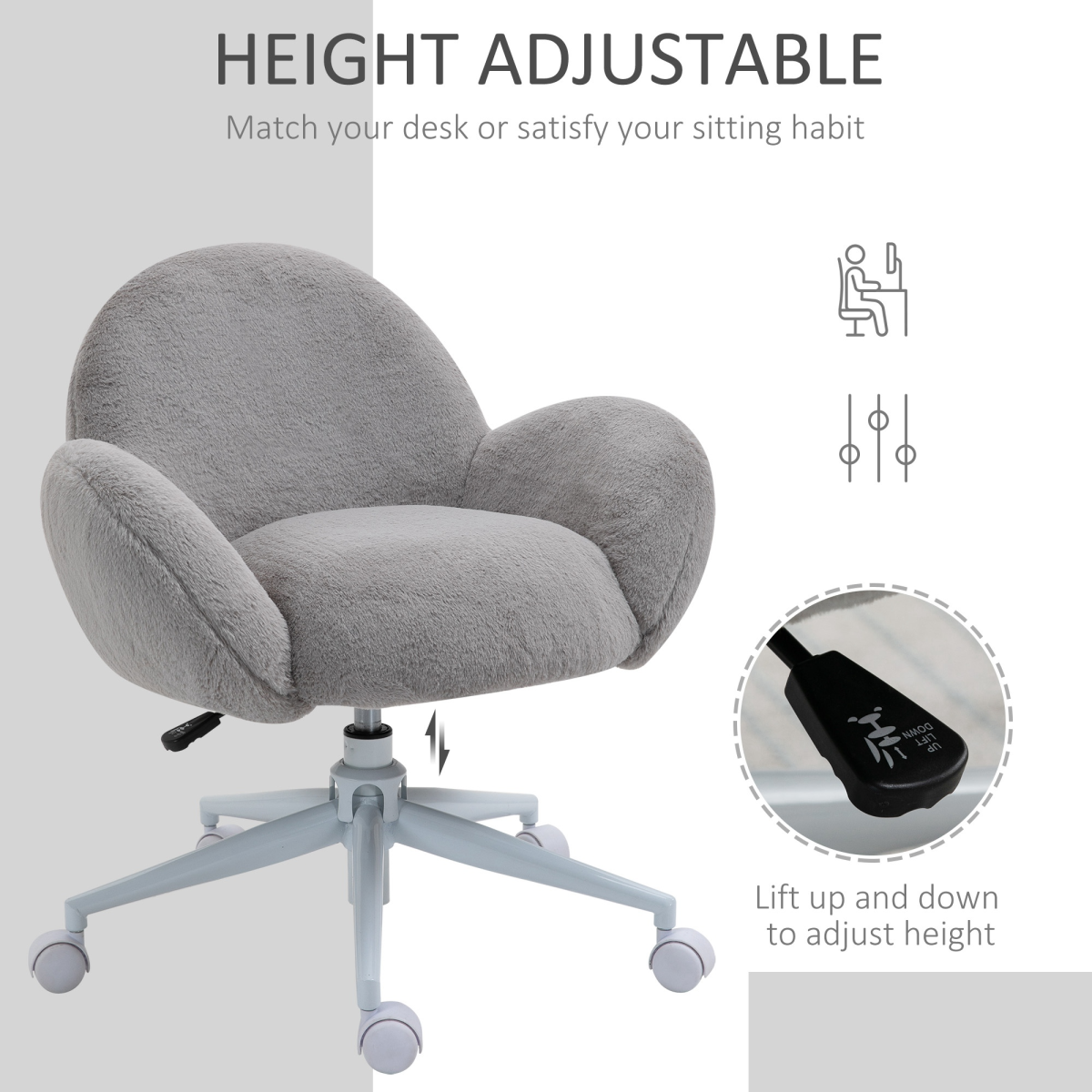 HOMCOM Fluffy Leisure Office Chair with Backrest and Armrests, Swivel Height Adjustable, Grey