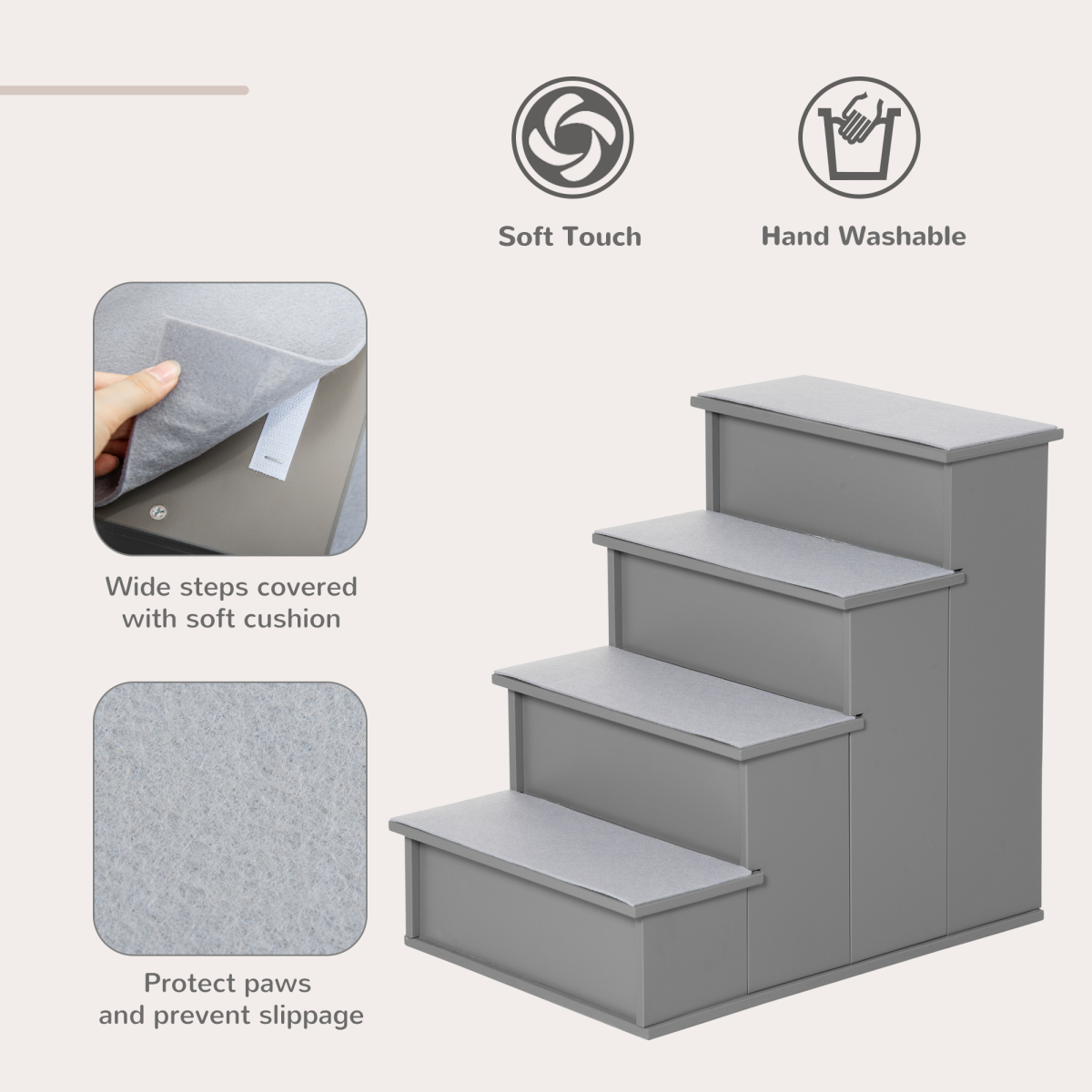 4 Step Wooden Pet Stairs for Dogs and Cats, Grey, for Bed and Couch