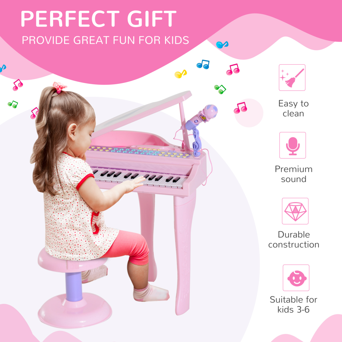 HOMCOM 37-Key Electronic Mini Piano Keyboard with Microphone & Stool, Pink