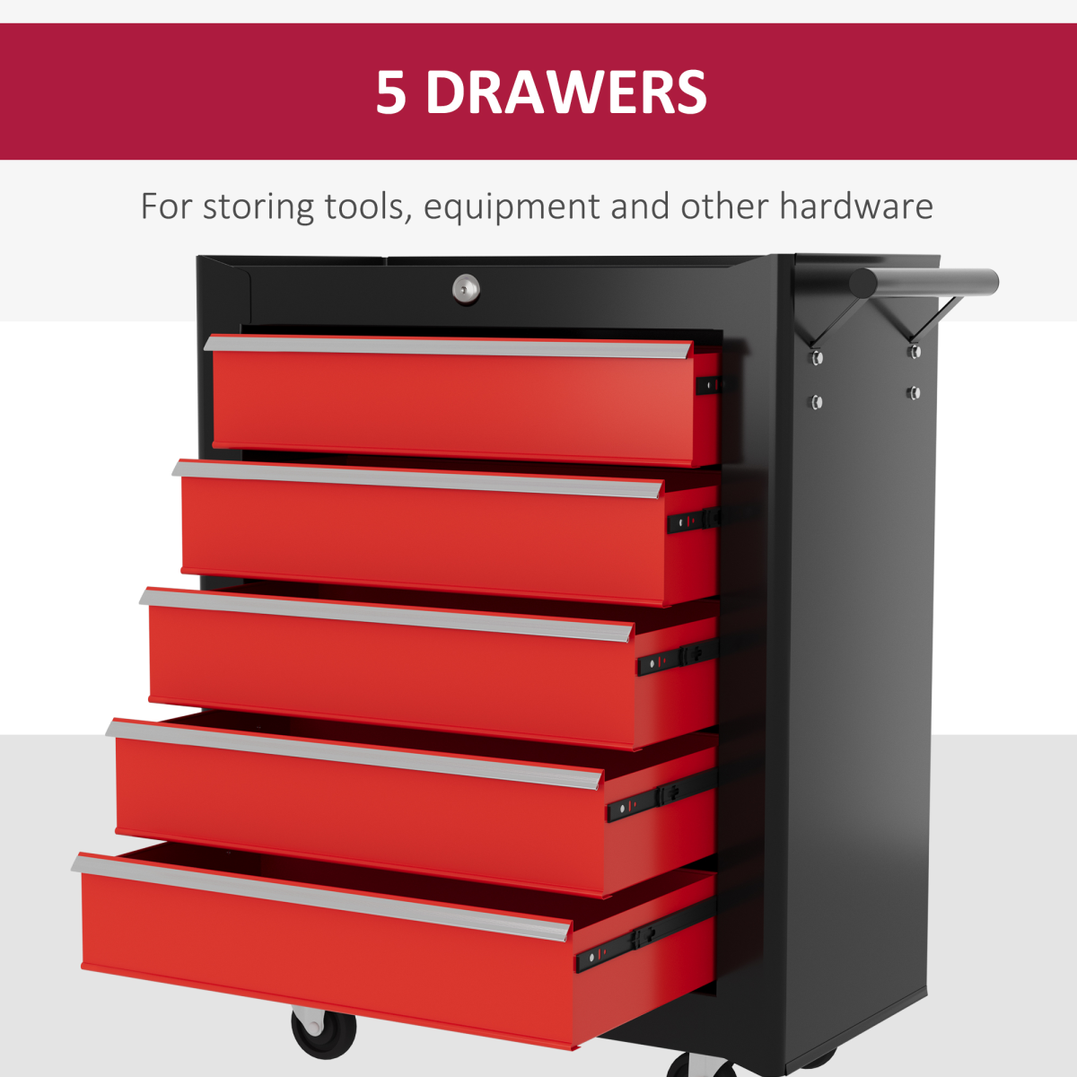 HOMCOM 5-Drawer Lockable Steel Tool Chest with Wheels, Red