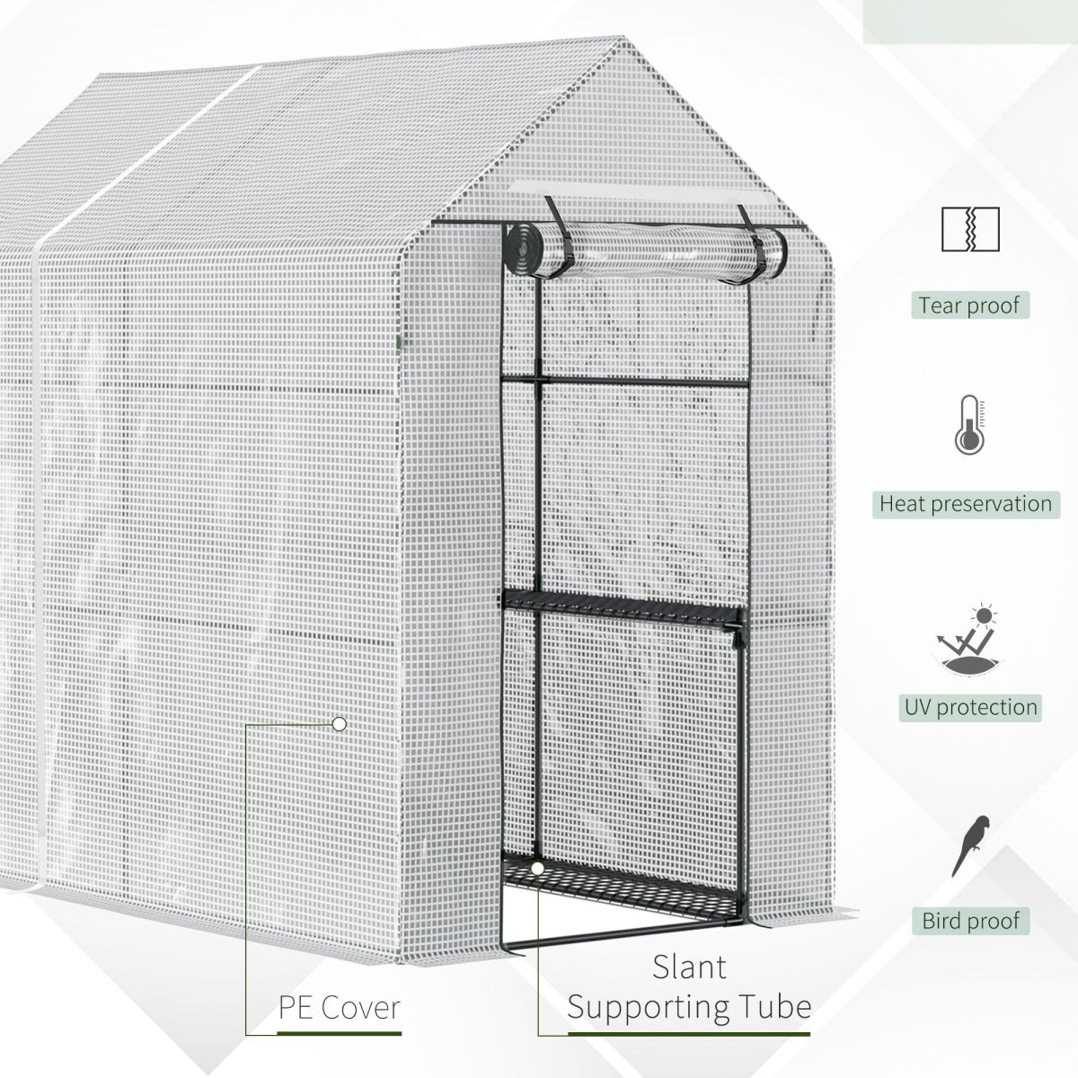 Outsunny Walk-In Garden Greenhouse with 4 Wire Shelves, Steel Frame, Roll-Up Door, 186L x 120W x 190Hcm, White