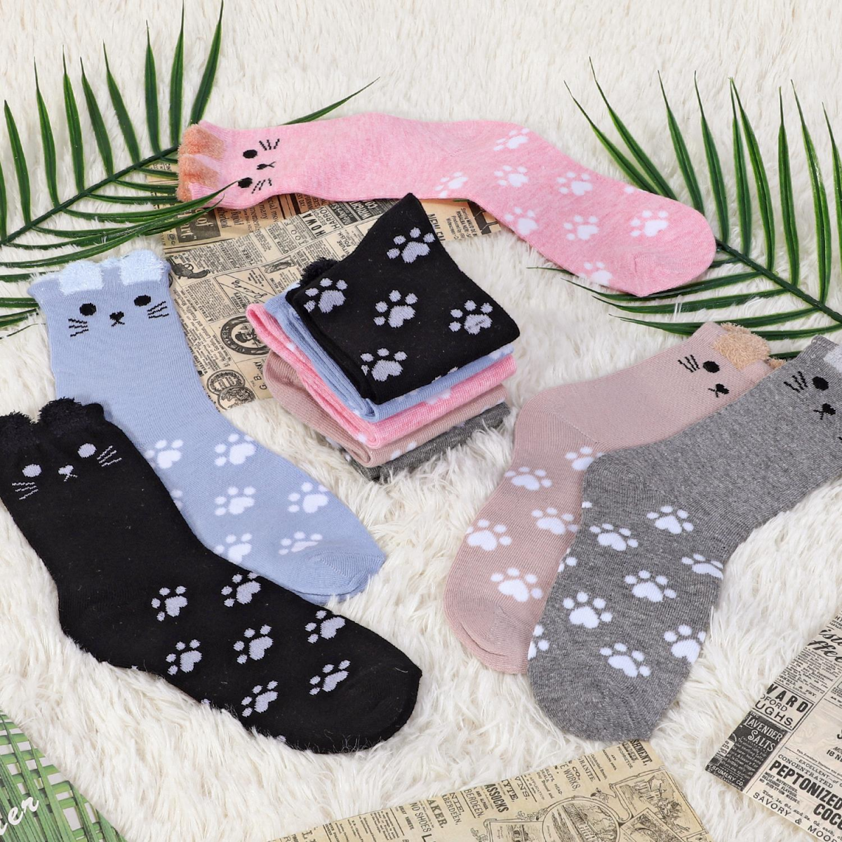 Vinsani Women's Cat Socks 5 Pack, UK 4-7 / EU 37-40