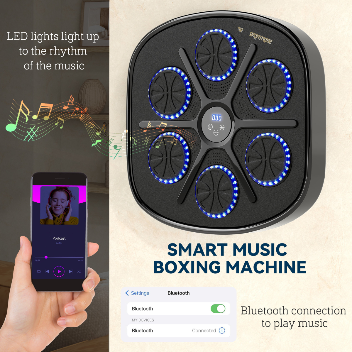 SPORTNOW Smart Bluetooth Wall-Mounted Boxing Machine with Gloves, 9 Speeds & Modes