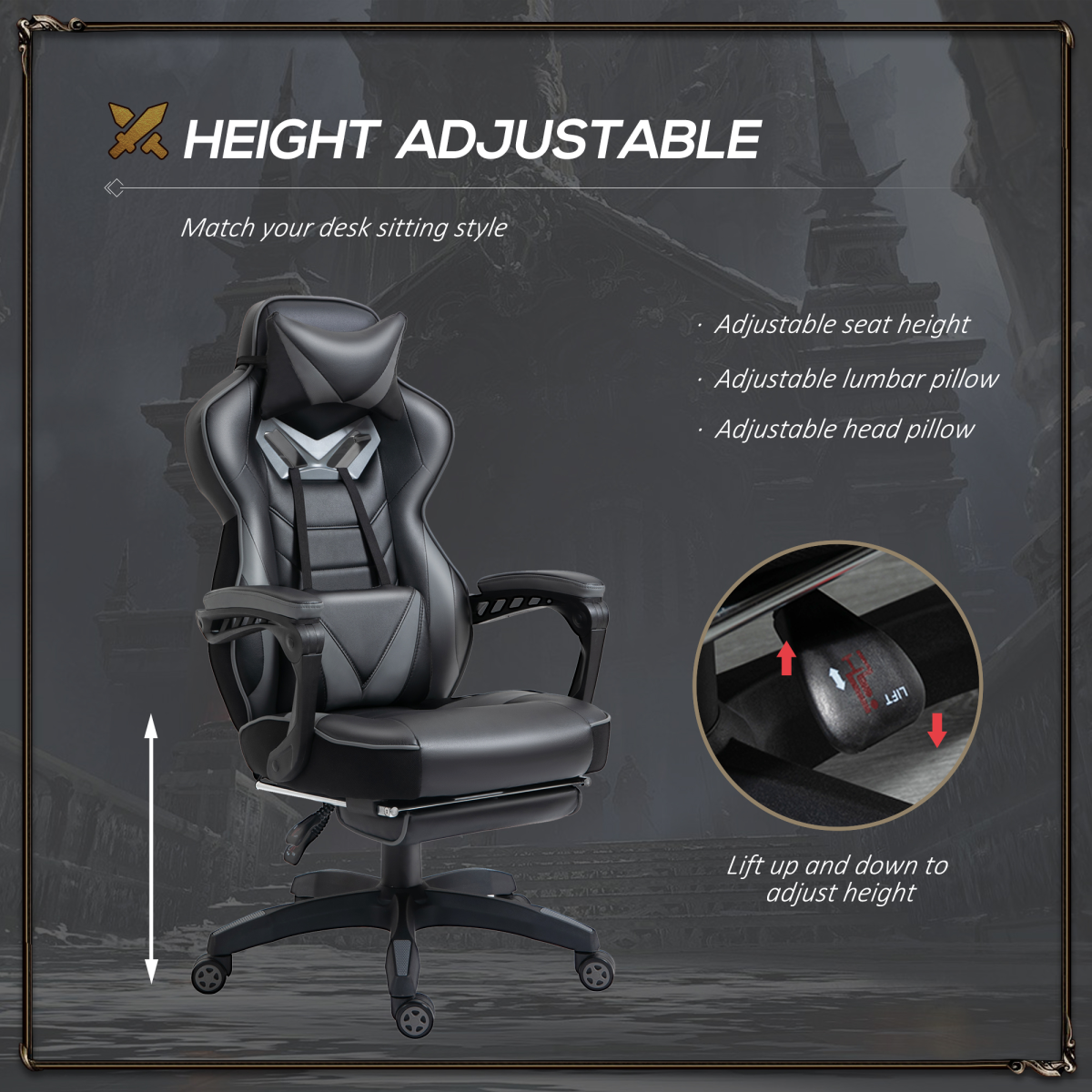 Vinsetto Grey Ergonomic Reclining Gaming Chair with Footrest
