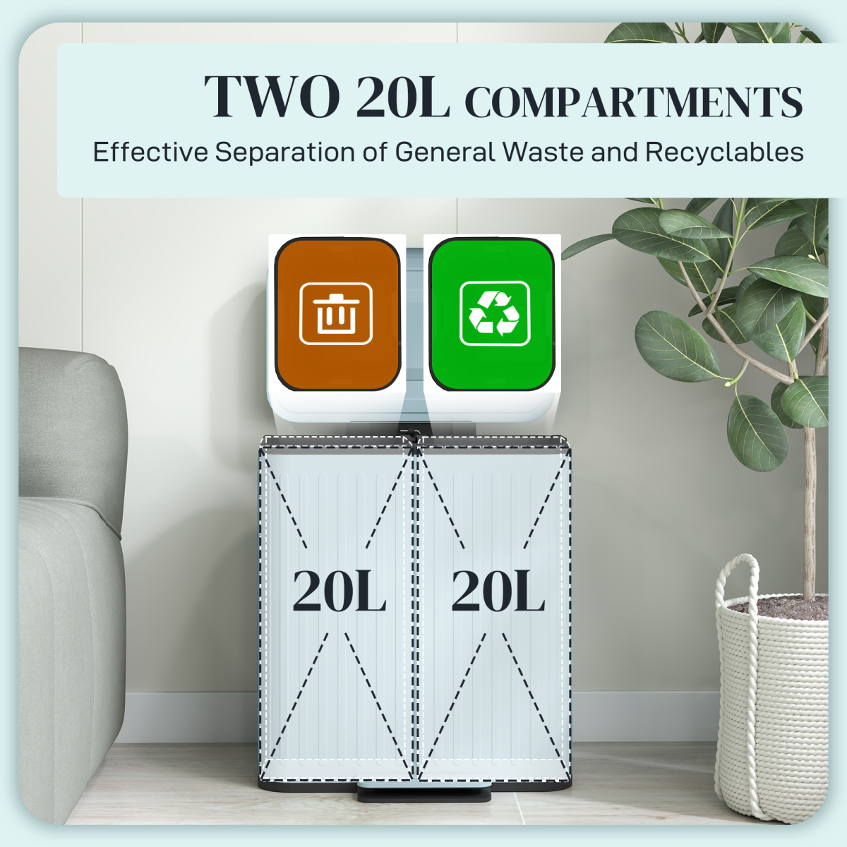 HOMCOM Double Pedal Rubbish Bin, 2 x 20L, Soft-Close Lid