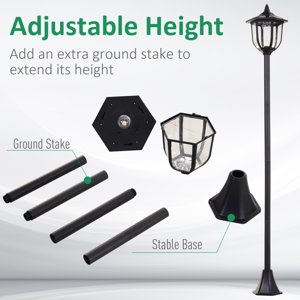 Outsunny 1.77m Black Solar LED Lamp Post with Ground Stake, ABS, IP44, Free-Standing