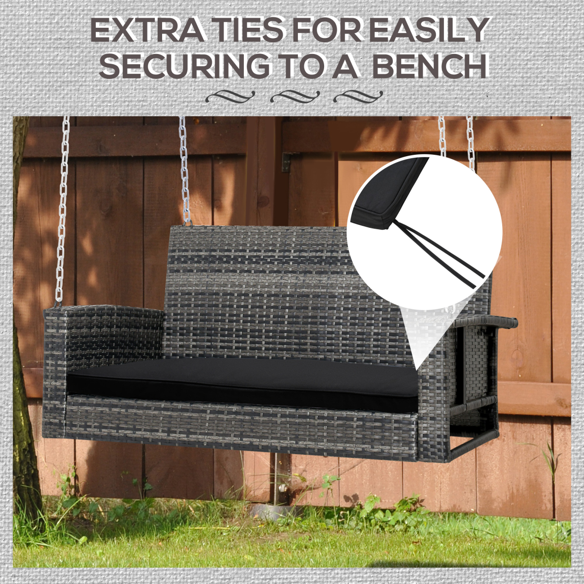 Outsunny 2-Seater Black Bench Cushion with Ties, Polyester Cover