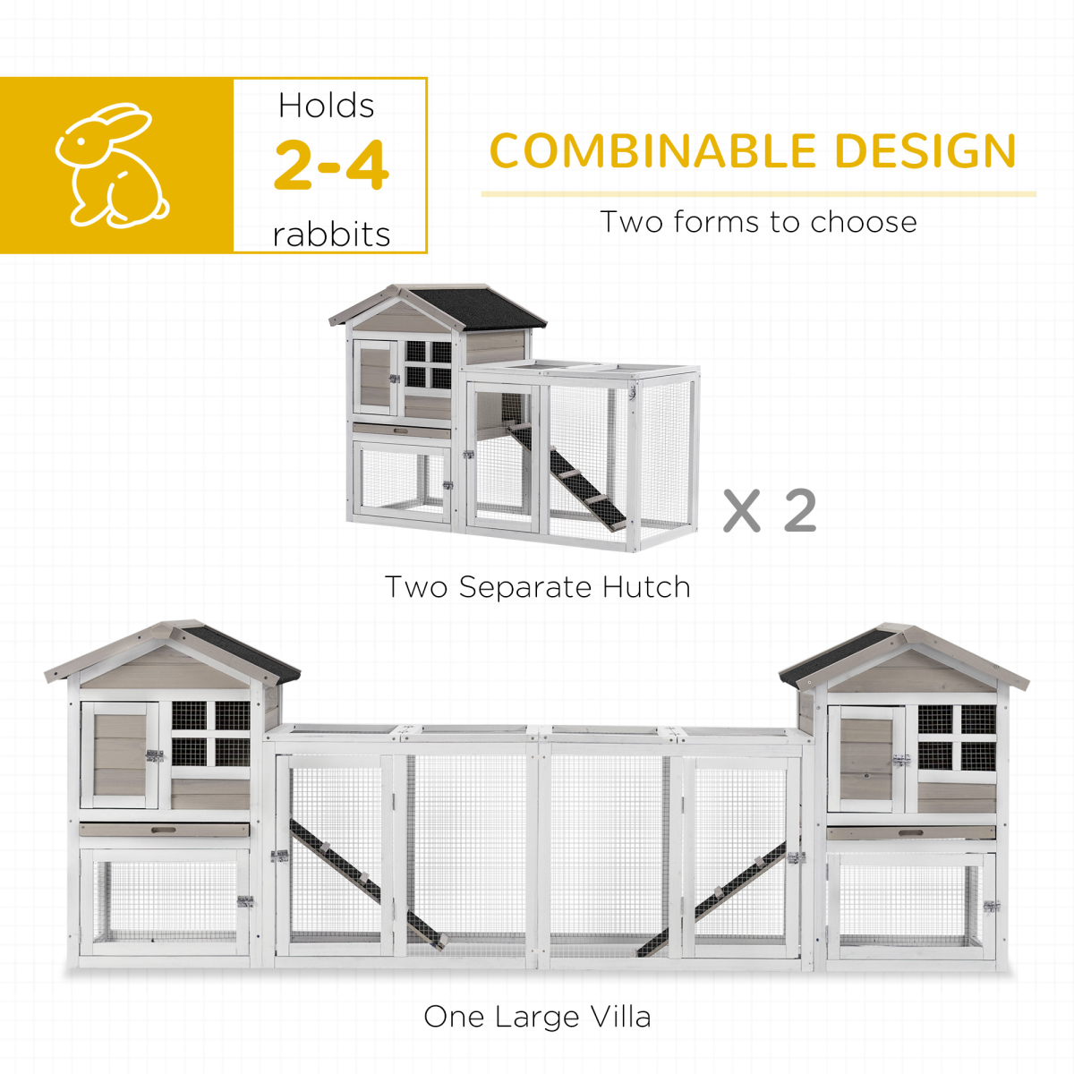 PawHut 2-in-1 Wooden Rabbit Hutch with Double House, Run Box & Tray
