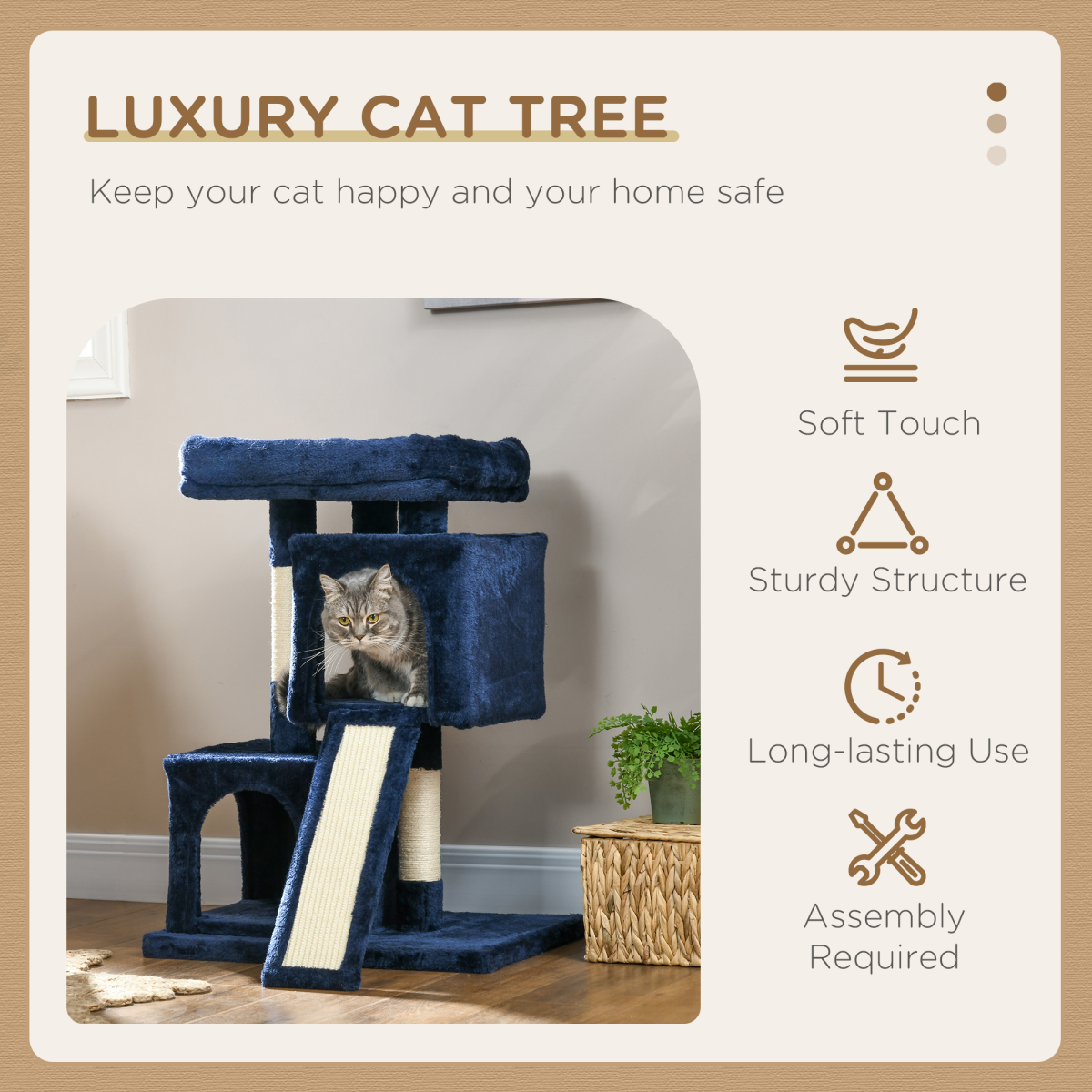 PawHut Cat Tree with 2 Houses, Perch & Scratching Posts, Navy Blue