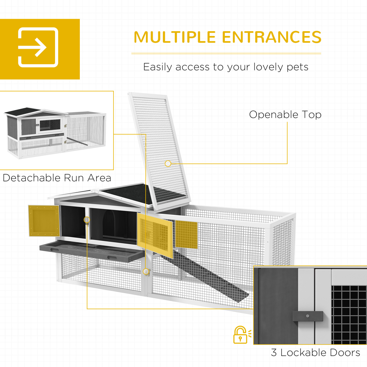 PawHut Outdoor Rabbit Hutch and Run with Slide-Out Tray, Detachable Run, Ramp, Fir Wood, 156 x 58 x 68cm