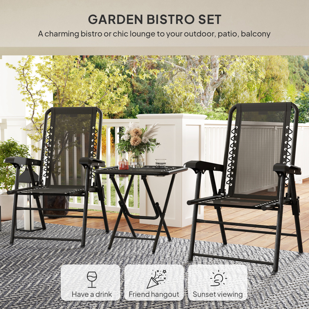 Outsunny 3-Piece Folding Bistro Set with Cup Holders, Black
