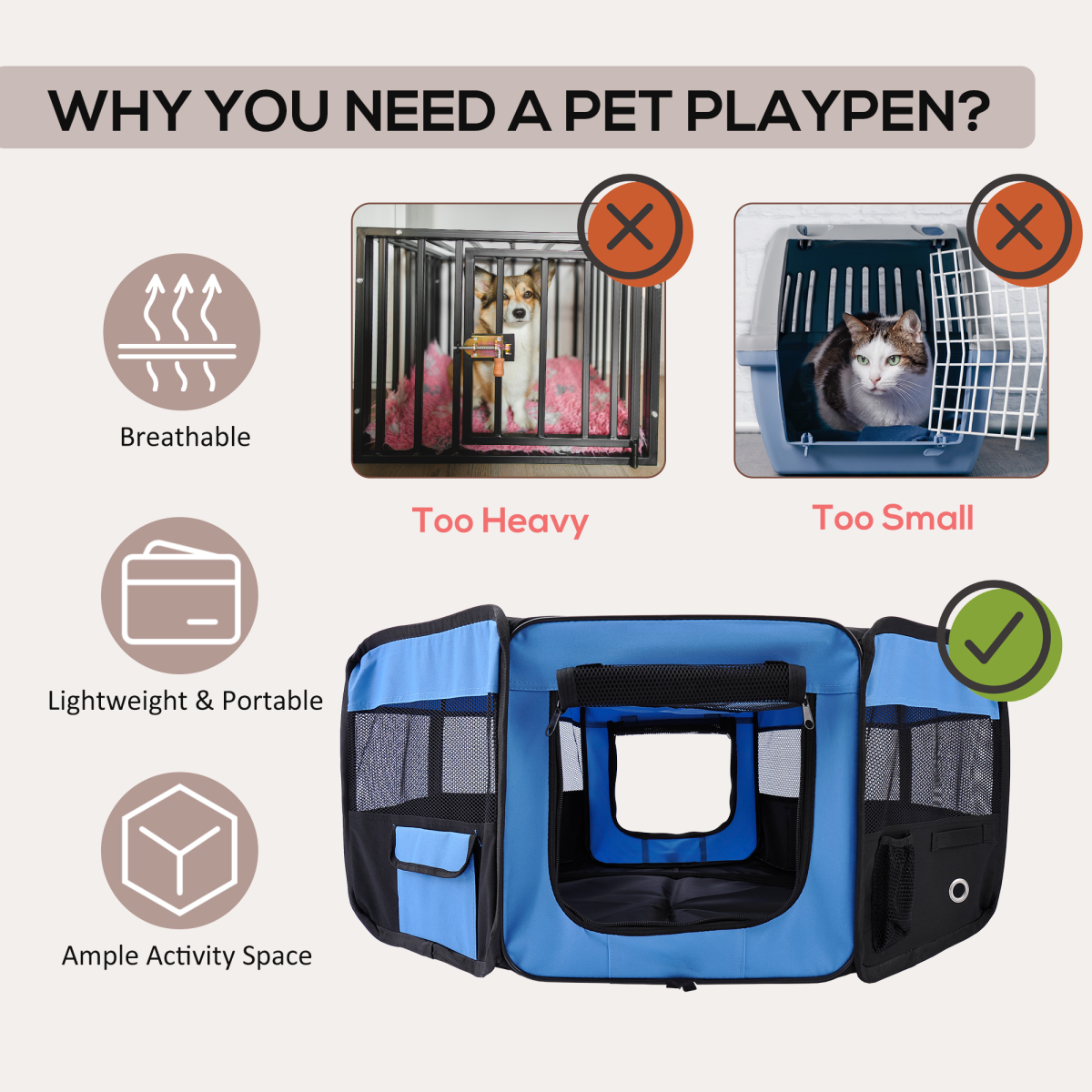 PawHut Fabric Pet Playpen with Steel Frame, Waterproof Removable Bottom, Mesh Sides and Top, Zipped Doors, Carry Bag