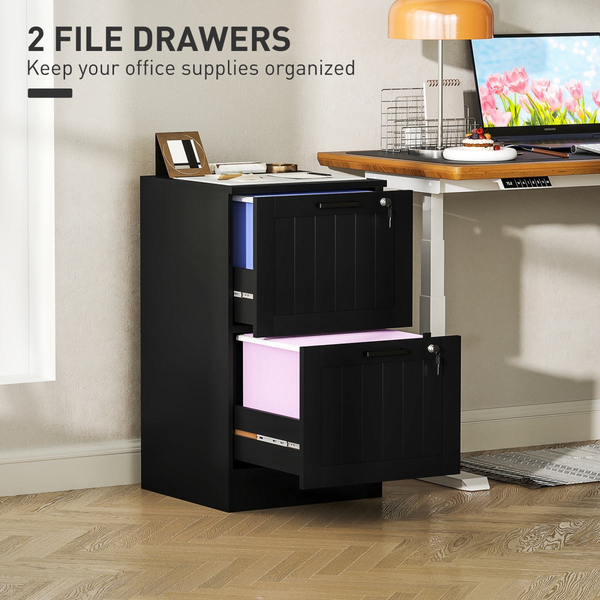 HOMCOM 2-Drawer Locking File Cabinet with Adjustable Hanging Bars, Black