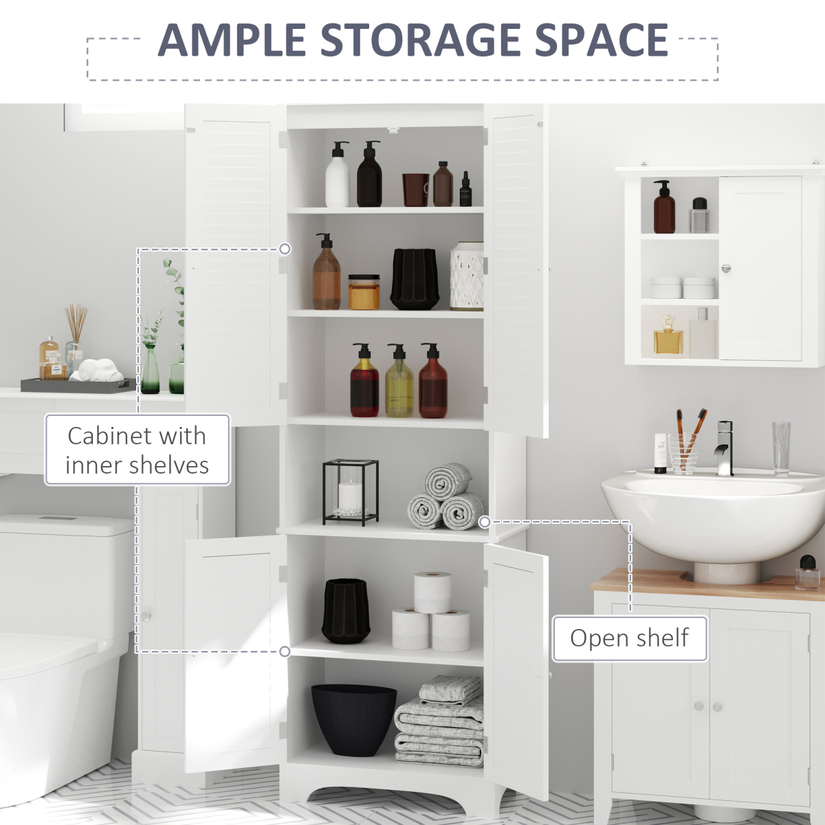 HOMCOM 183x60cm Tall Freestanding Bathroom Cabinet with Retro Shutters, 3 Compartments, White