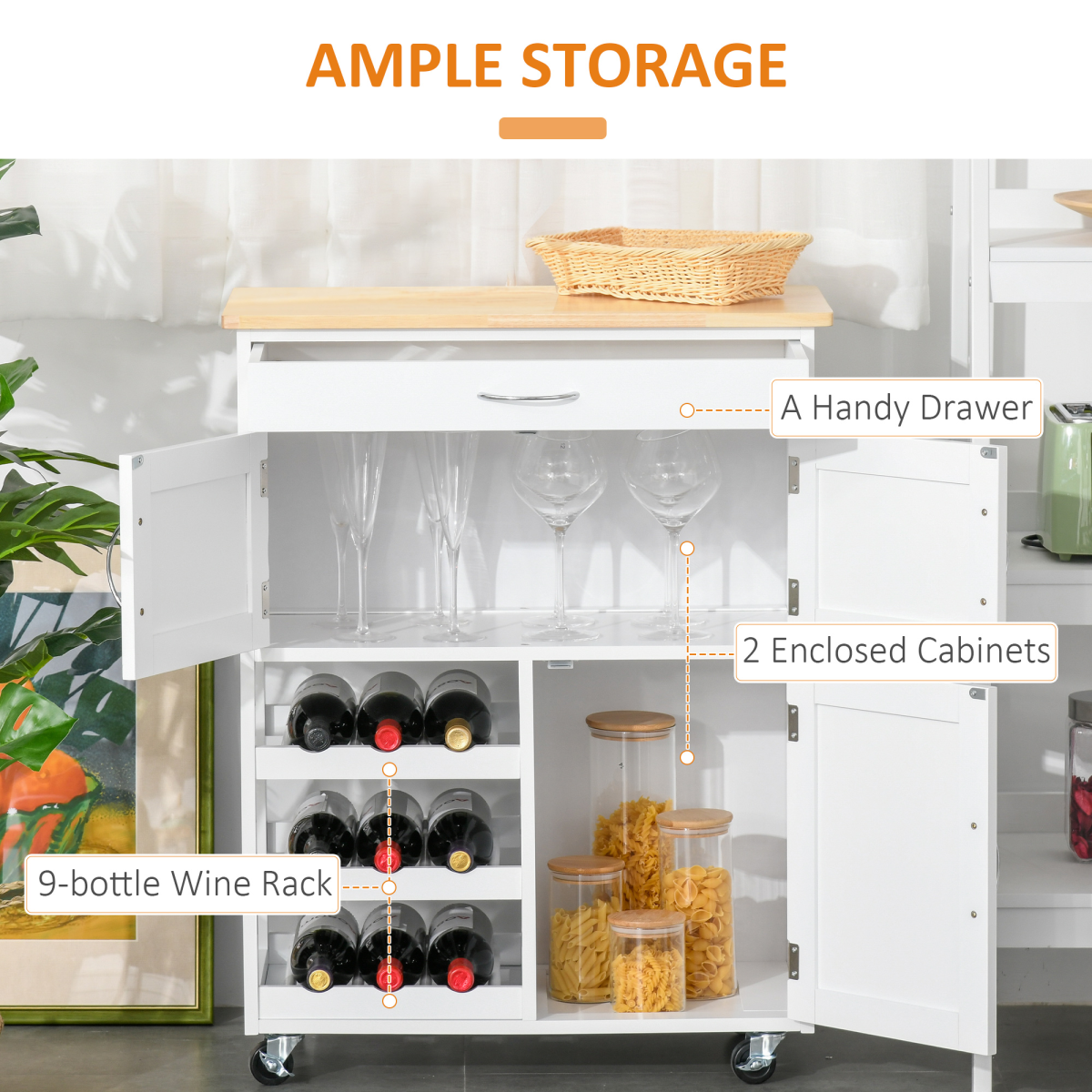 HOMCOM Modern White Kitchen Rolling Storage Cart with Drawer, 9-Bottle Wine Rack, Cabinets, Rubberwood Countertop