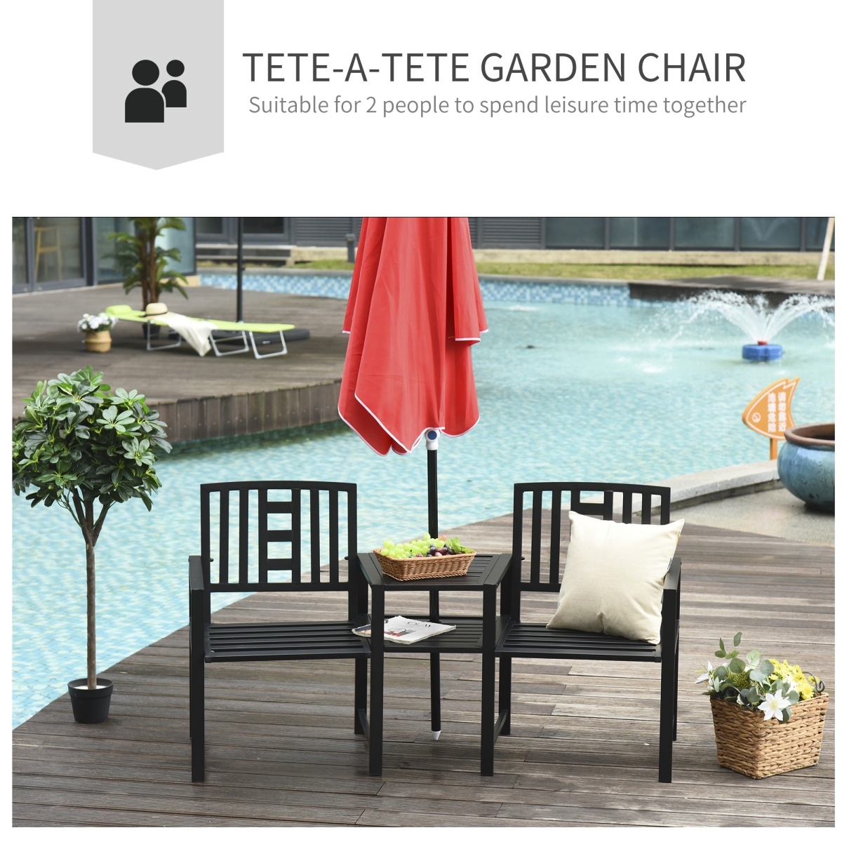 2-Seater Garden Bench with Middle Table, Slatted Patio Loveseat