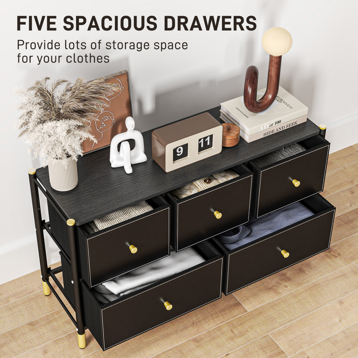 HOMCOM Black Fabric Chest of Drawers with PU Leather Surface