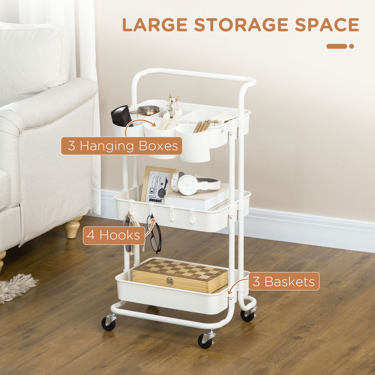 HOMCOM 3-Tier Rolling Utility Cart with Baskets and Hooks, White