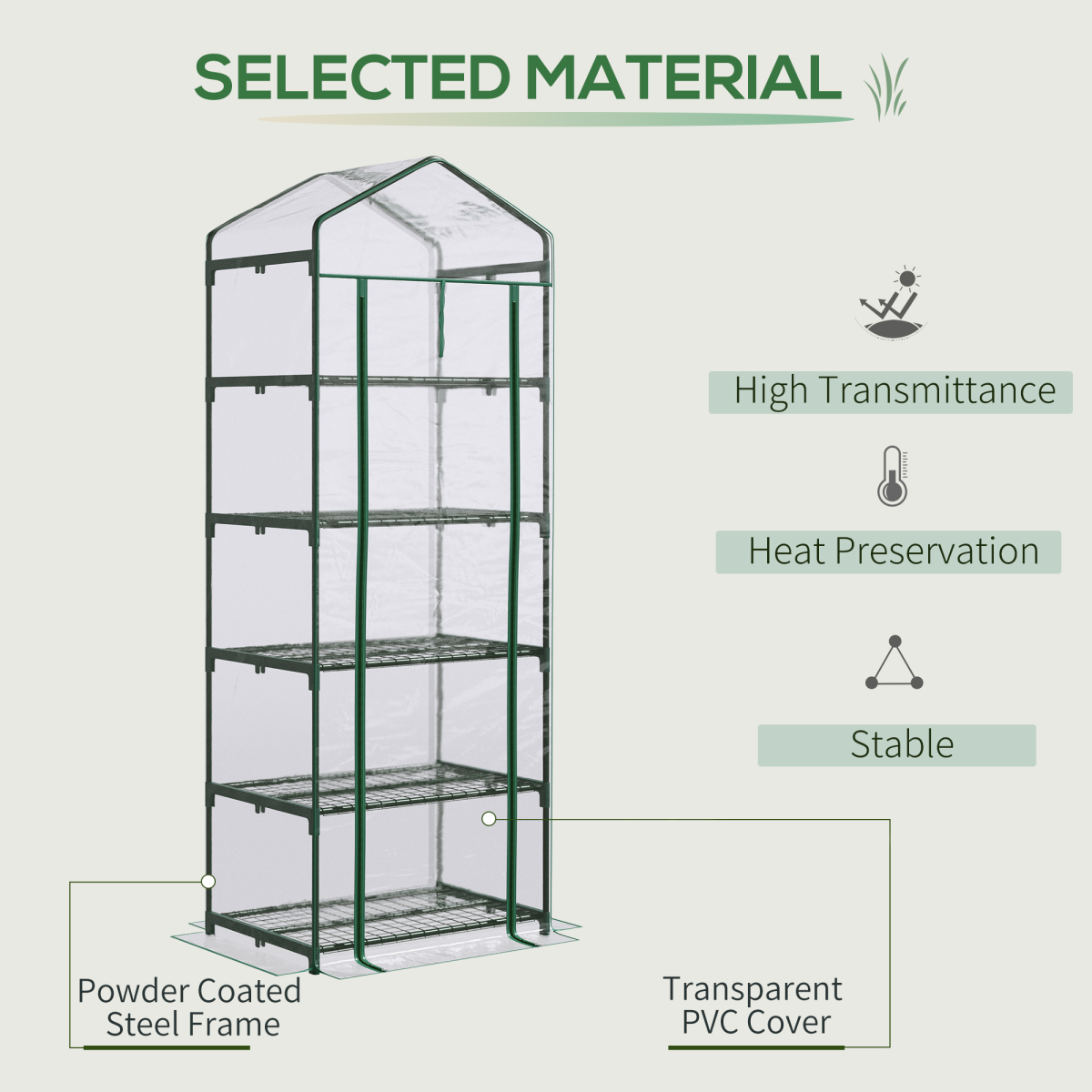 Outsunny 5-Tier Outdoor Greenhouse with Steel Frame, Transparent PVC Cover, Zipped Door, 69 x 49 x 193 cm