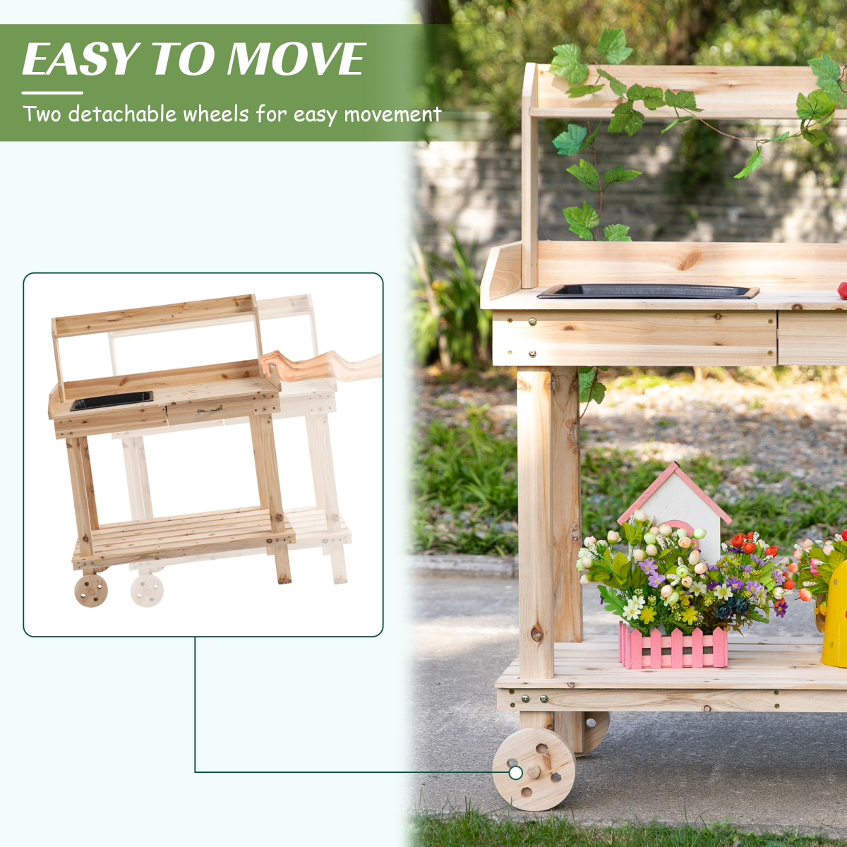 Outsunny Wooden Potting Table with Removable Sink, Drawer, Shelves and 2 Wheels, 92 x 45 x 119cm