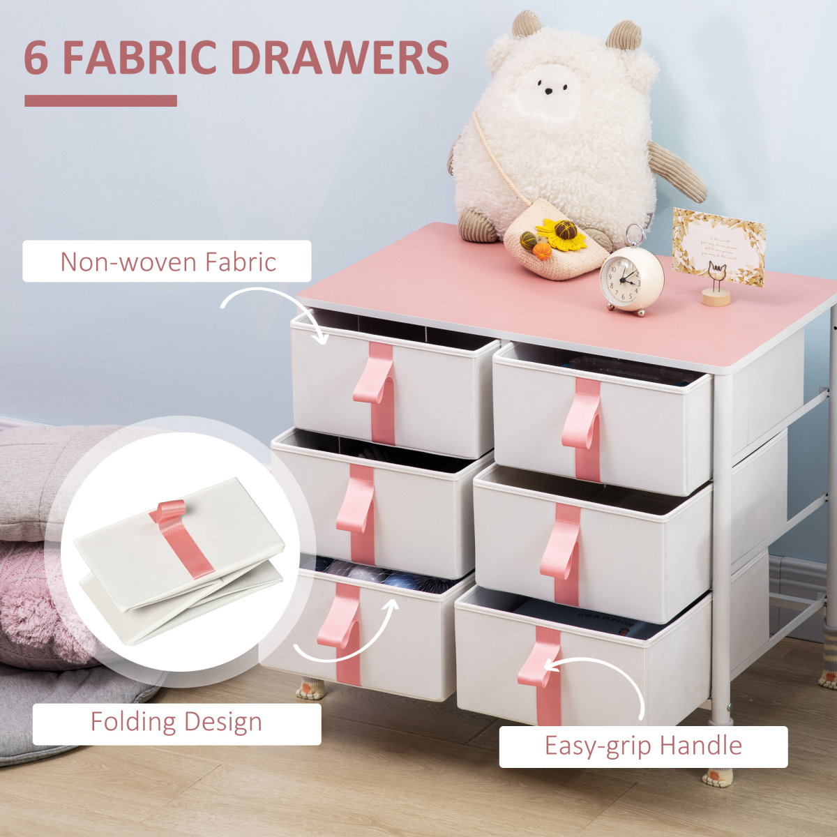 6-Drawer Fabric Chest Organizer with Metal Frame and Wood Top for Nursery Room