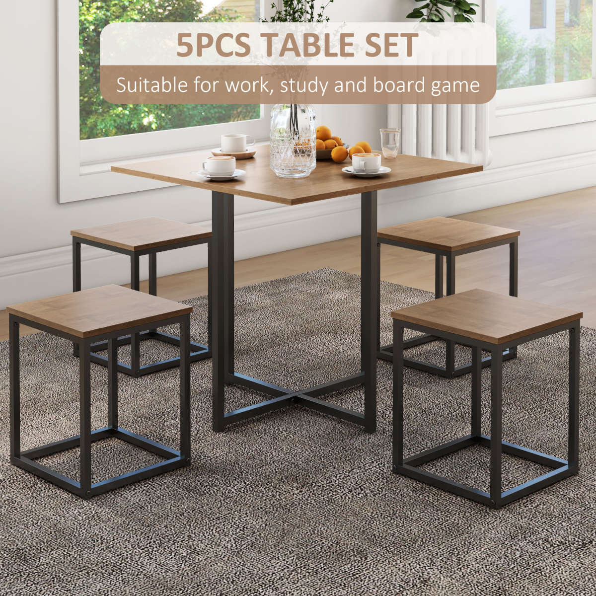 HOMCOM 5-Piece Dining Set with Table and 4 Stools, Steel Frame, Black/Brown
