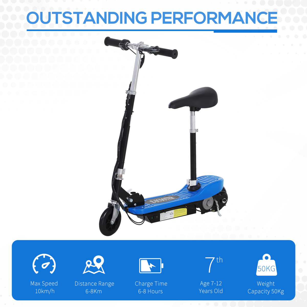 Kids Foldable Electric Powered Scooter 120W Adjustable Height Seat Rear Brake Blue for Ages 7-12