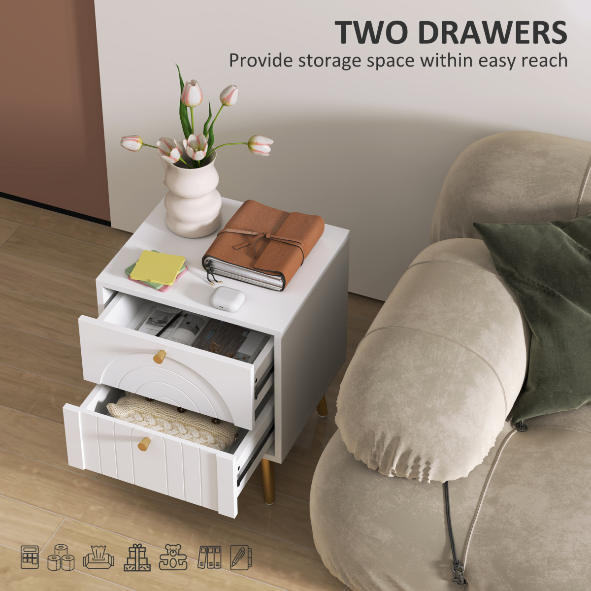 HOMCOM 2-Piece Bedside Table Set with 2 Drawers, White
