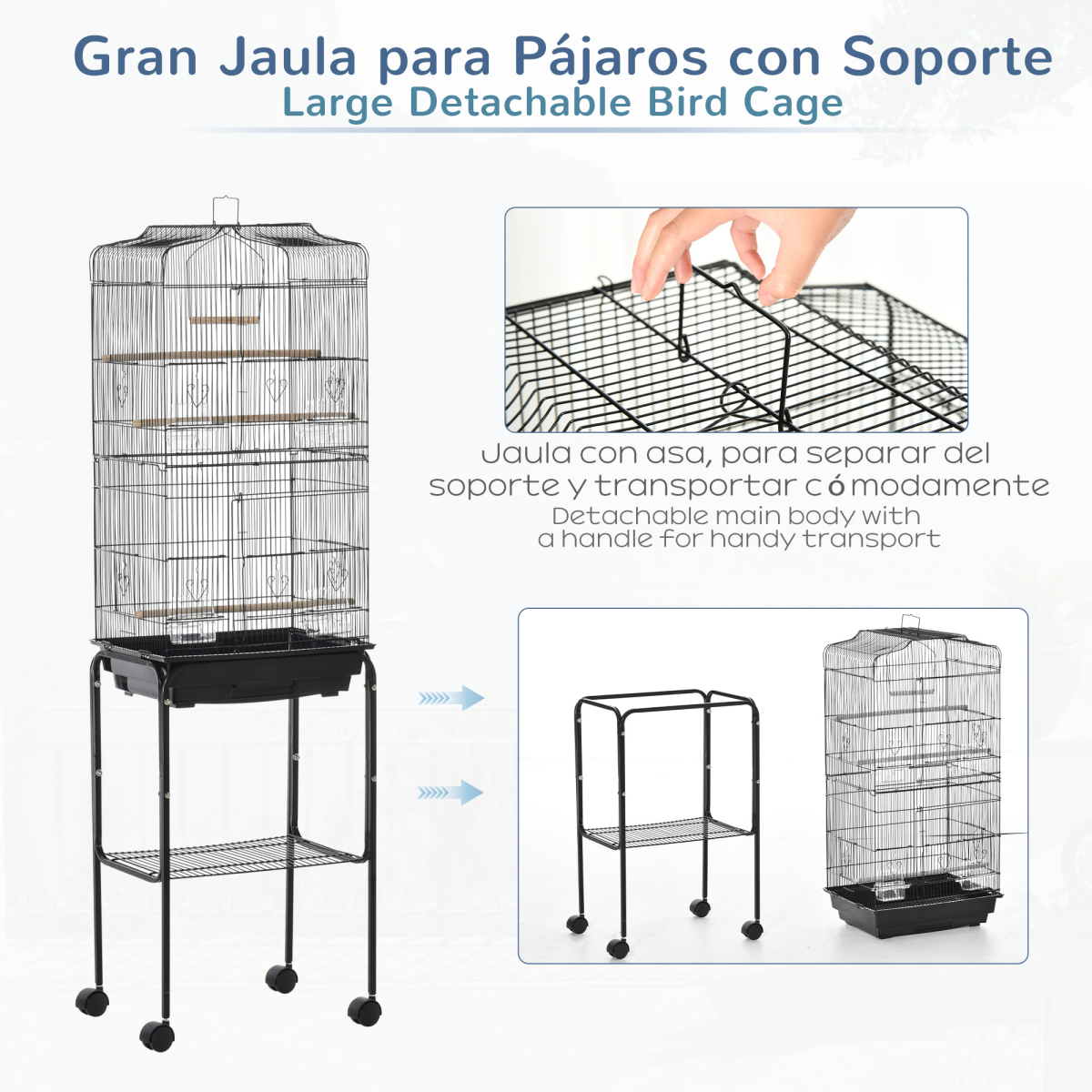 PawHut Metal Bird Cage with Rolling Stand, Slide-Out Tray and Storage Shelf, Black