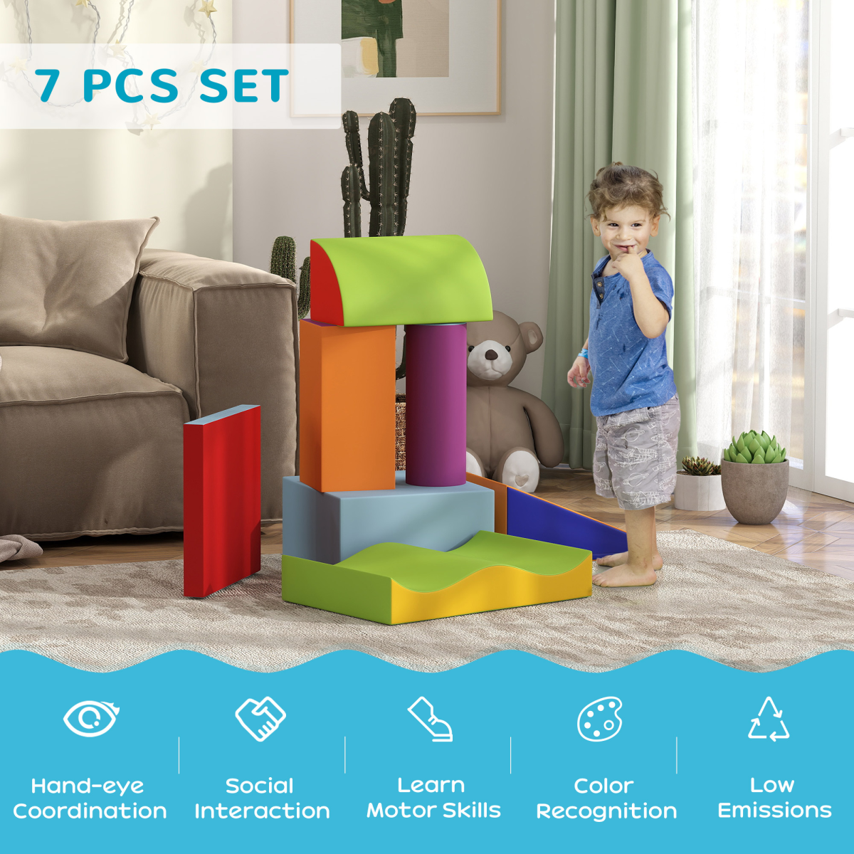 HOMCOM 7-Piece Soft Foam Puzzle Play Blocks Kids Learning Toy