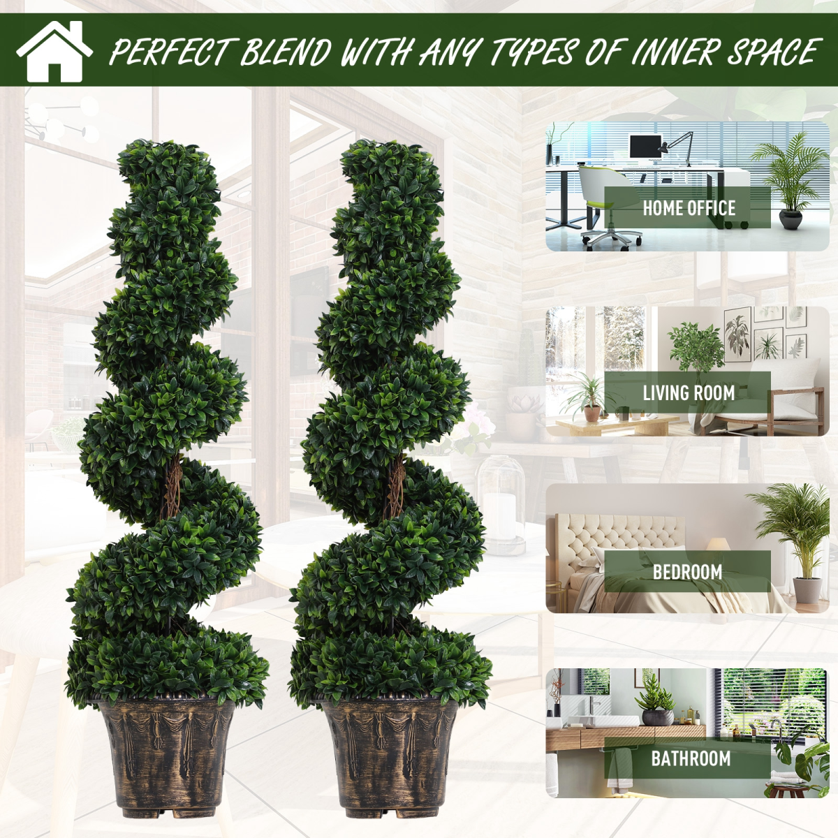 Set of 2 Artificial Boxwood Spiral Topiary Trees, Green PE Plant Decor