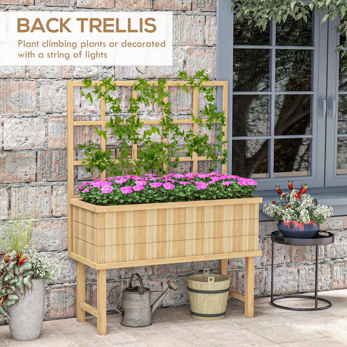 Outsunny Natural Wood Raised Planter Box with Trellis, Drain Holes, Elevated Garden Bed