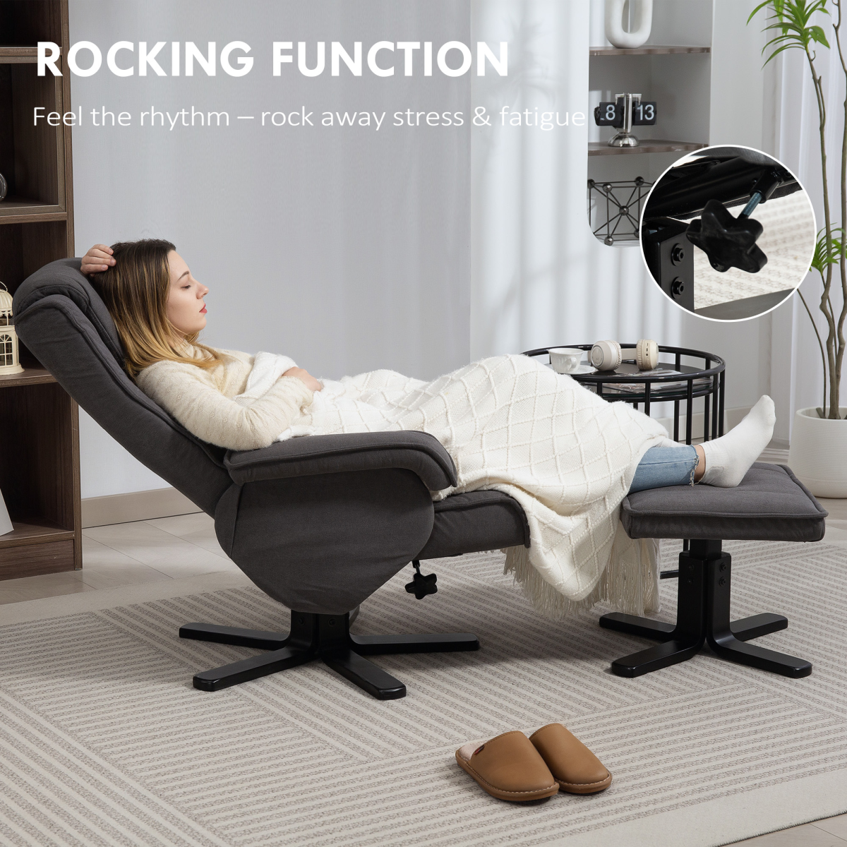 HOMCOM Velvet Rocker Swivel Recliner Chair with Footstool, Grey
