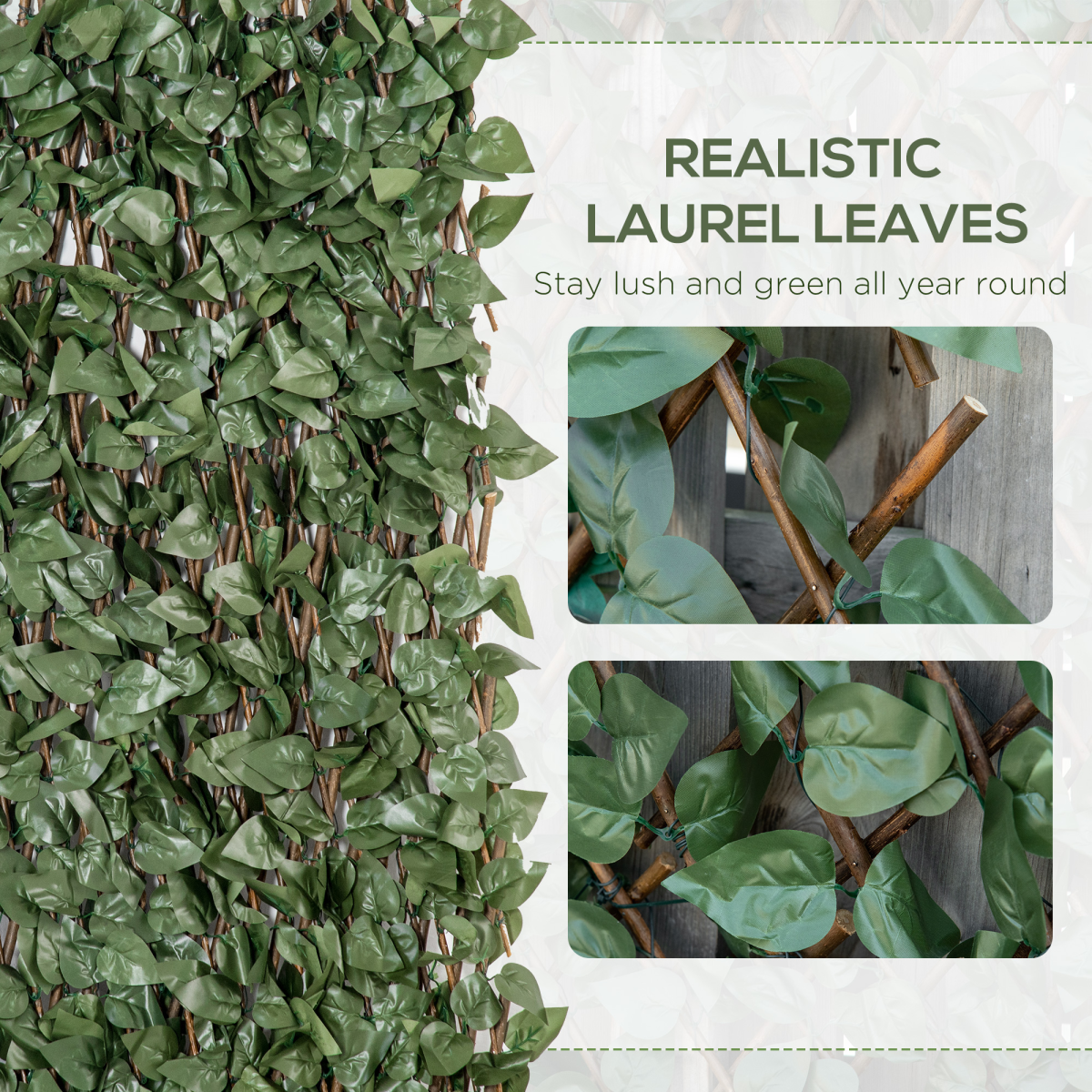 Outsunny 4Pc Expanding Telescopic Trellis Fence, 2m x 1m Artificial Laurel Leaf Plant Fence for Indoor and Outdoor Use