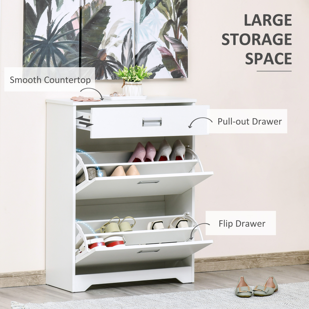 HOMCOM White Tipping Shoe Cabinet with Drawers, 16 Pairs