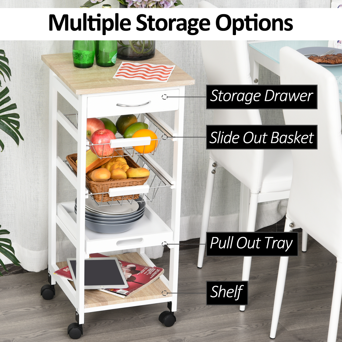 HOMCOM 5-Tier Kitchen Storage Trolley with Drawer, Wire Baskets, Pull-Out Tray and Bottom Shelf, White