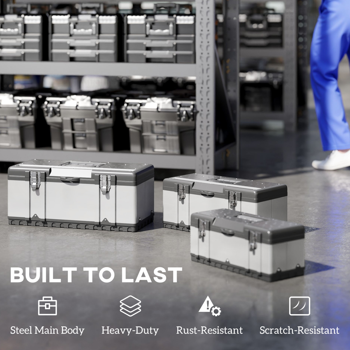 HOMCOM 3-Piece Stainless Steel Tool Box Set with Trays