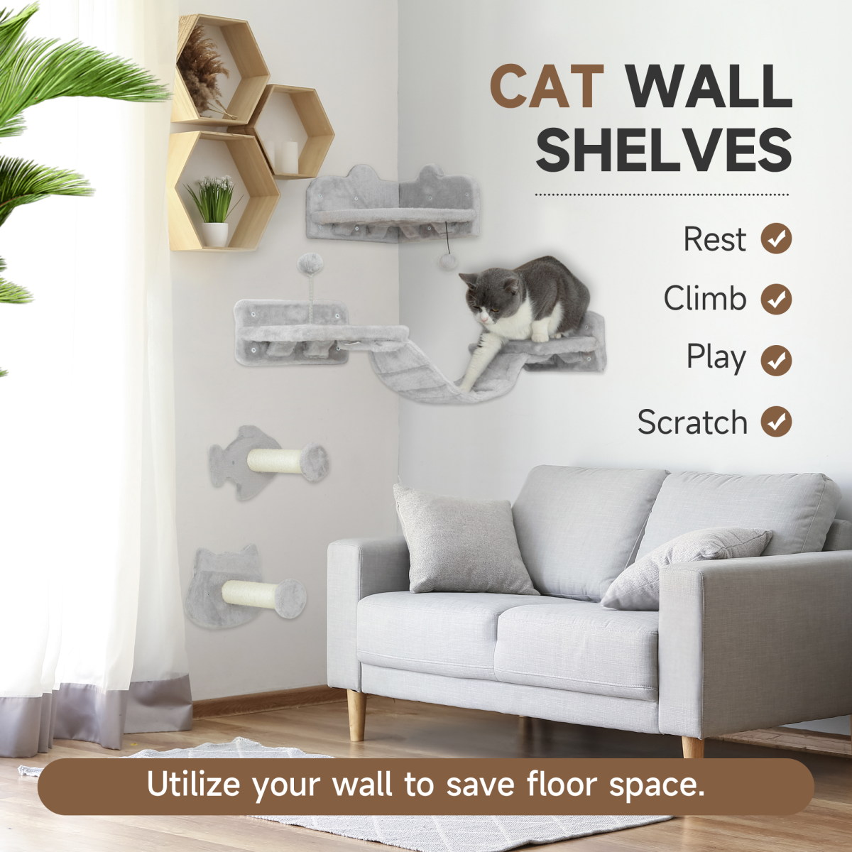 PawHut 4-Piece Wall-Mounted Cat Shelves with Steps, Ladder & Platforms