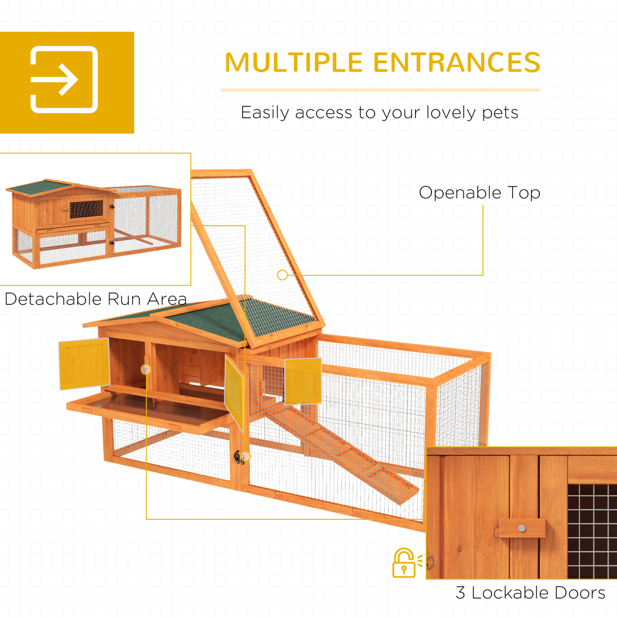 Rabbit Hutch and Run Outdoor Sliding Tray Hay Rack Ramp, 156x58x68 cm Pawhut