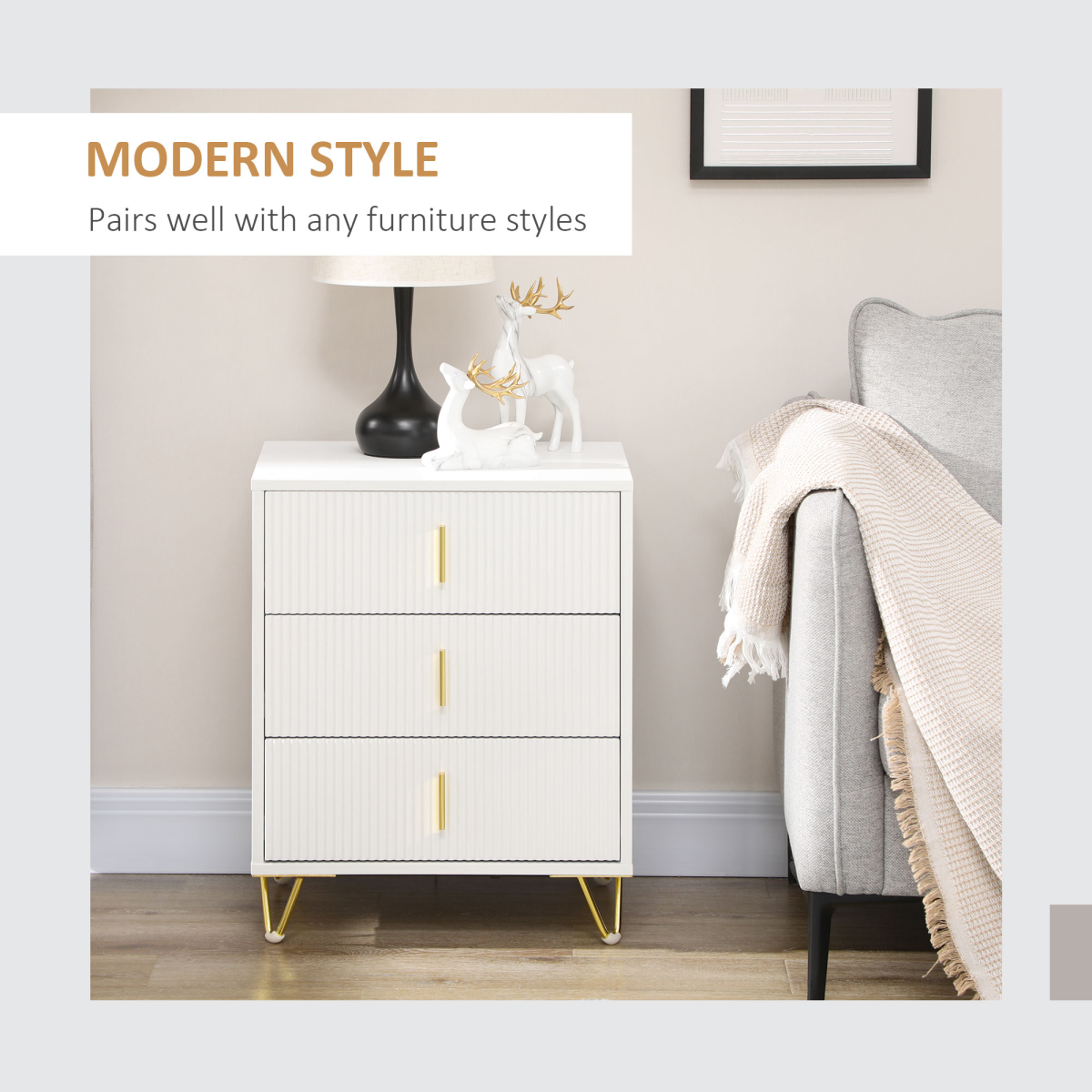HOMCOM 3-Drawer White Chest of Drawers with Gold Accents