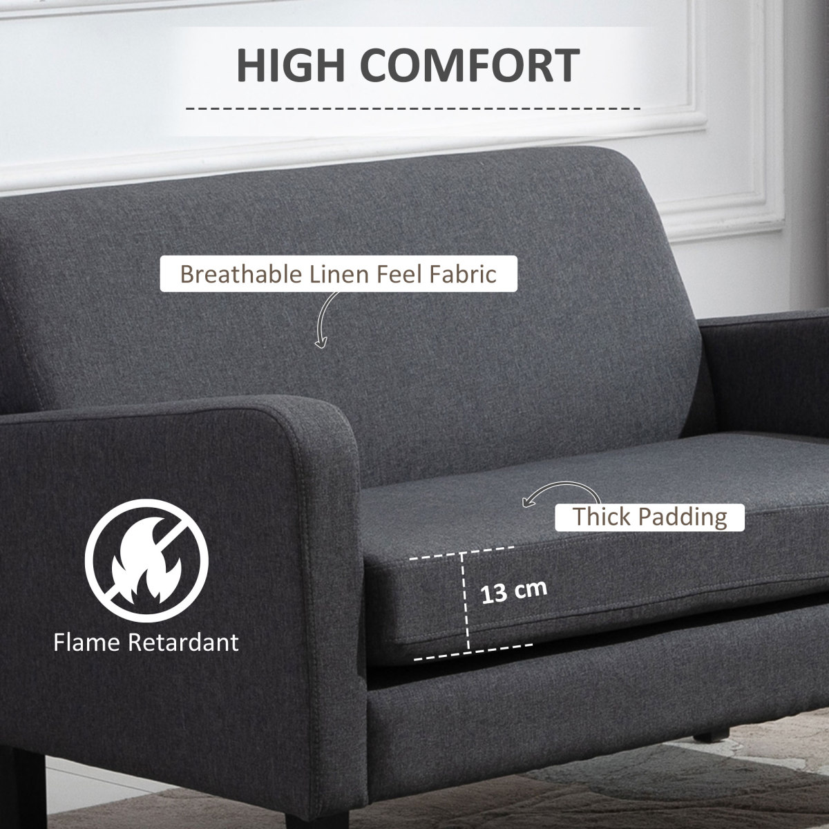 HOMCOM Grey Linen-Look 2-Seater Loveseat with Curved Arms, Slanted Back, Thick Cushion, Wood Legs
